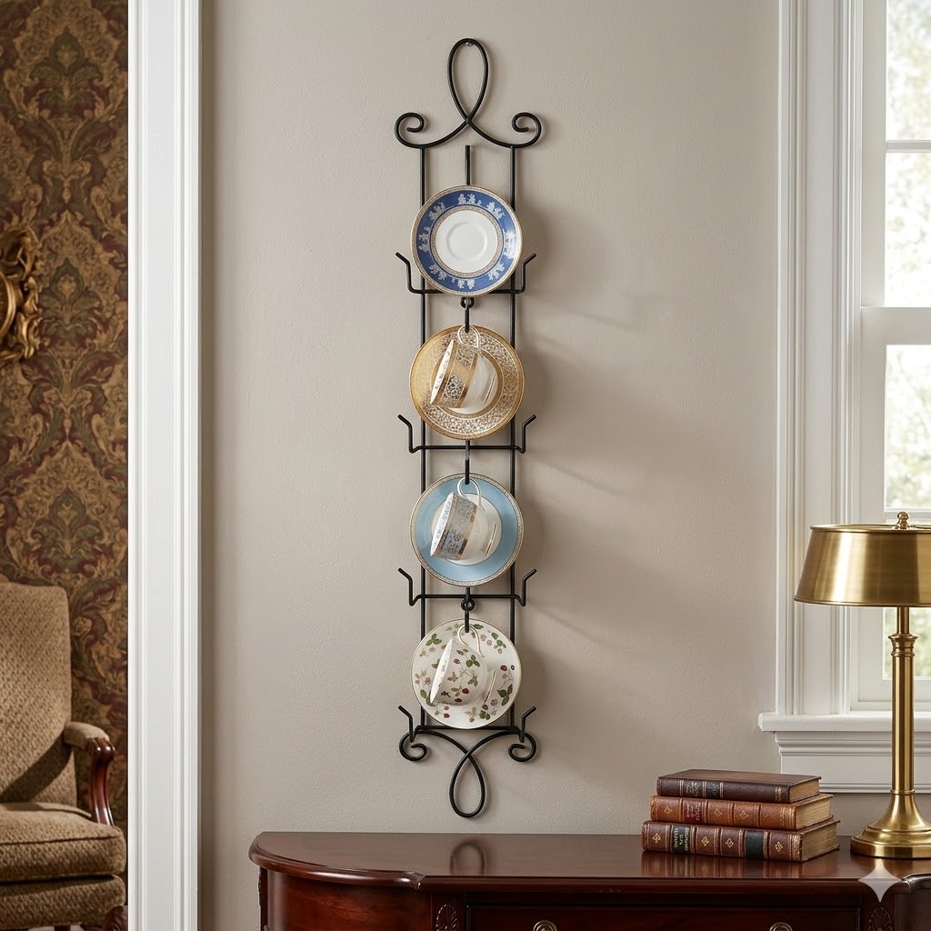 HOHIYA 2 Piece Wall-Mounted Tea Cup and Saucer Display Racks Vertical Metal Teacup Holder for Coffee Mugs and& China Plates Space-Saving Wall Decor Stand Black Finish